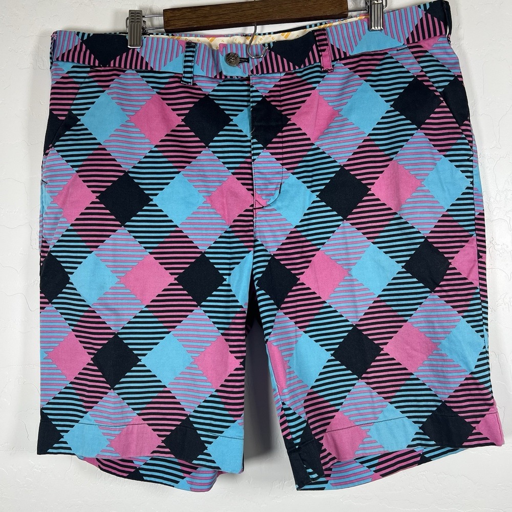 LOUDMOUTH Mens Golf Shorts Sz 40 Argyle Plaid Pink Blue Colorful Loud Light‎